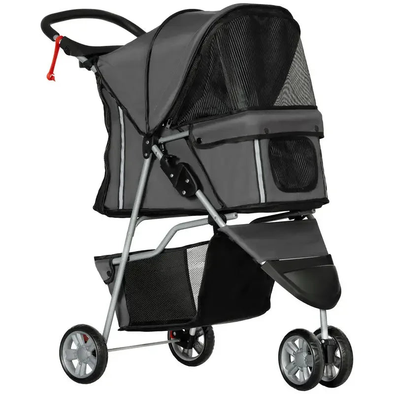 3 Wheel Pet Stroller for Small Dogs and Cats, Foldable Travel Pram with Breathable Mesh and Storage Bag, Sturdy Steel Frame for Walking, Charcoal Grey, 75x45x97 cm, Sturdy, Lightweight, Comfortable, Safe, Space Saving