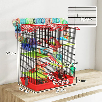 5-level metal hamster cage 47x30x59 cm with wheel, tunnel, house, ramps, drinking bowl & food dispenser for small animals