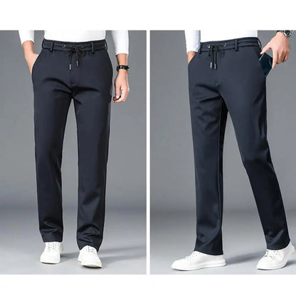 Men Casual Pants Loose Straight Drawstring Elastic Waist Business Pants Solid Color Breathable 2 Side Pockets Sports Trousers