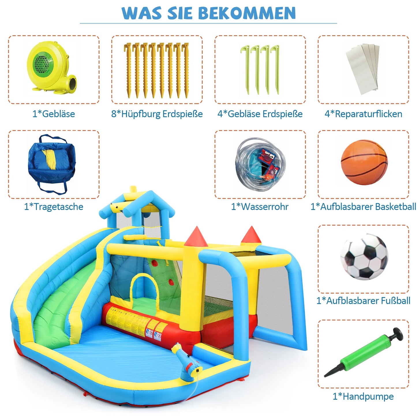 Kids' Bounce House,5 in 1 Inflatable Hopping Castle for Kids 3-10 Years, Outdoor Castle Bouncer with Slide Jump Area Water Pool Football Net