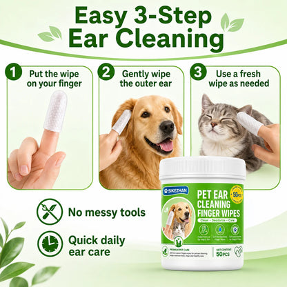 SIKEZHAN 50 Count Pet Ear Cleaning Finger Wipes, Safe Gentle Soft Pre-Moistened Wiping Sleeves for Dogs Cats Wax Dirt Remover