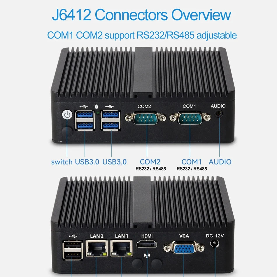 Fanless Mini Industrial PC Intel Celeron N5095 2x RS232 Serial Ports 2x Gigabit Ethernet Mini-PCIe Expansion Windows Linux