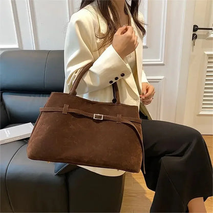 Vintage Satin-Leather Tote Bag – Casual Style with Buckle Closure, Large Capacity for Commuting & Everyday Shoulder Carry