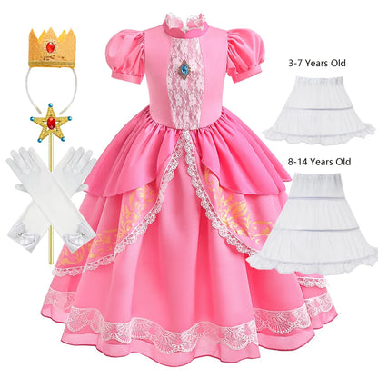 Peach Princess Costume with LED Color Light Toddler Birthday Game Role Play Dress Girl Halloween Festival Gown Pink Lace 4-8 Y