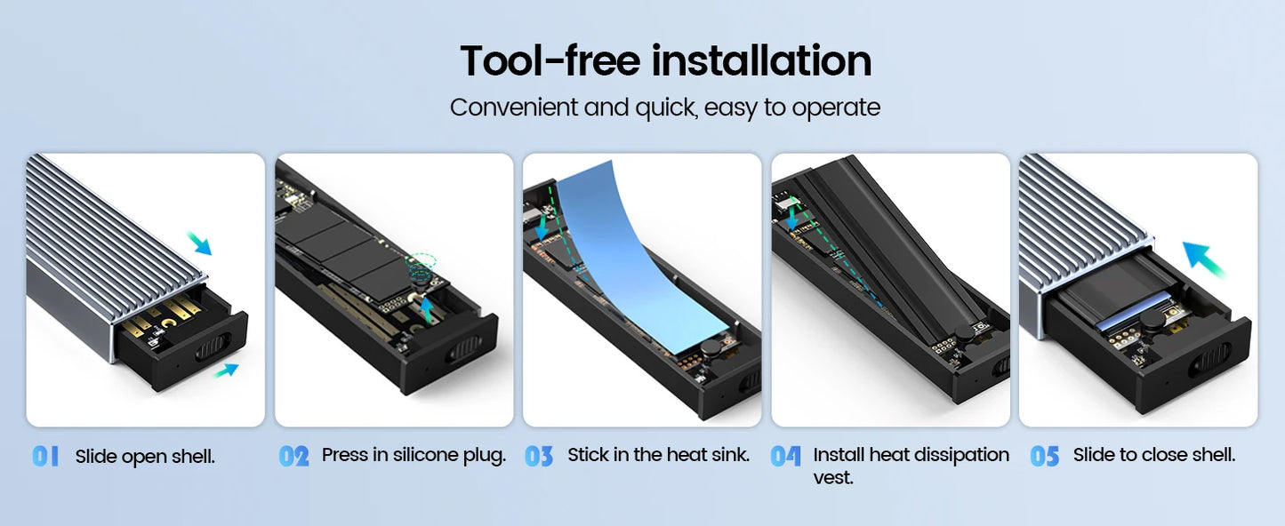 ORICO Tool Free Aluminum M2 NVMe SSD Enclosure 10Gbps PCIe Type C M.2 SSD Case NVMe M Key Solid State Drive Case Support UASP