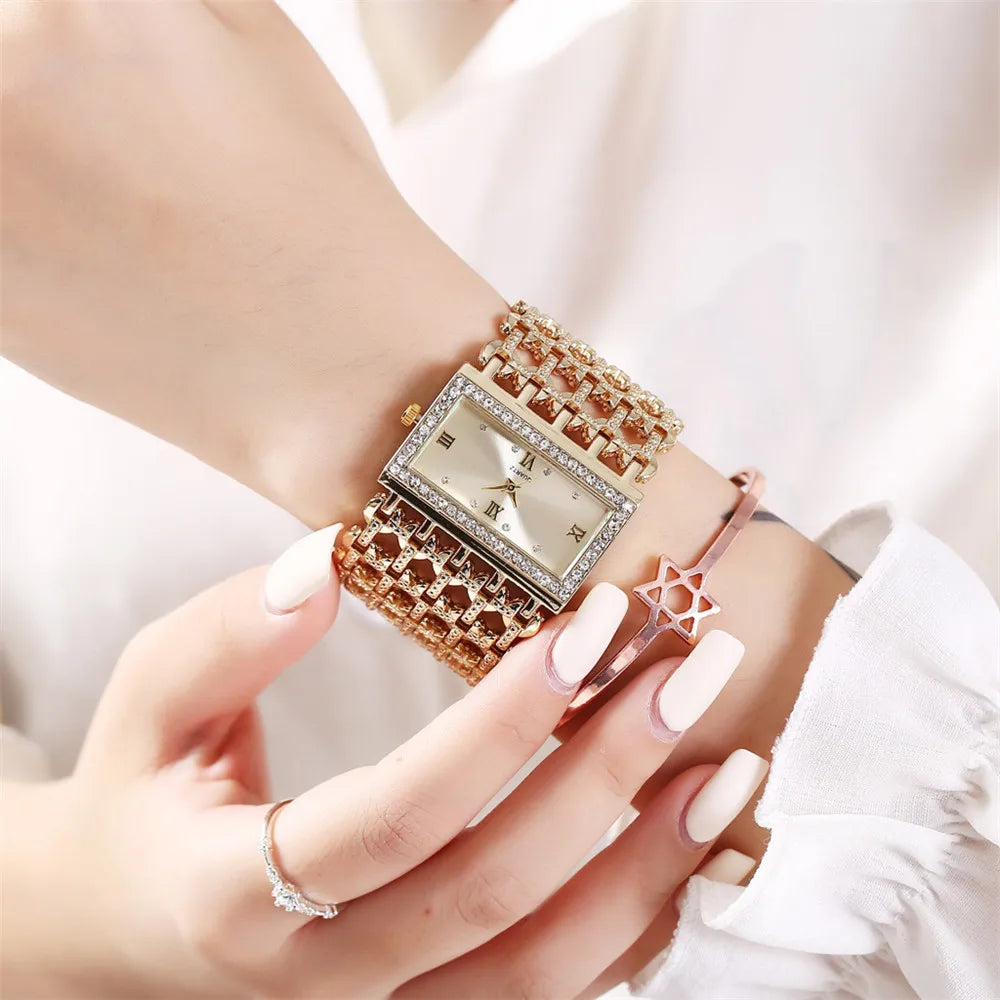 Luxury Noble Gold Ladies Quartz Watch Fashion Women's Skeleton Bracelet full Dress Clock Watches