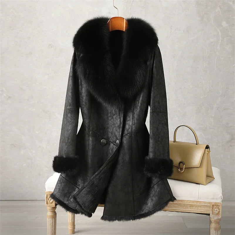 Aorice Women Real Rabbit Leather With Fur Coat Jacket Brand New Female Winter Fox Collar Trench Parka CT189