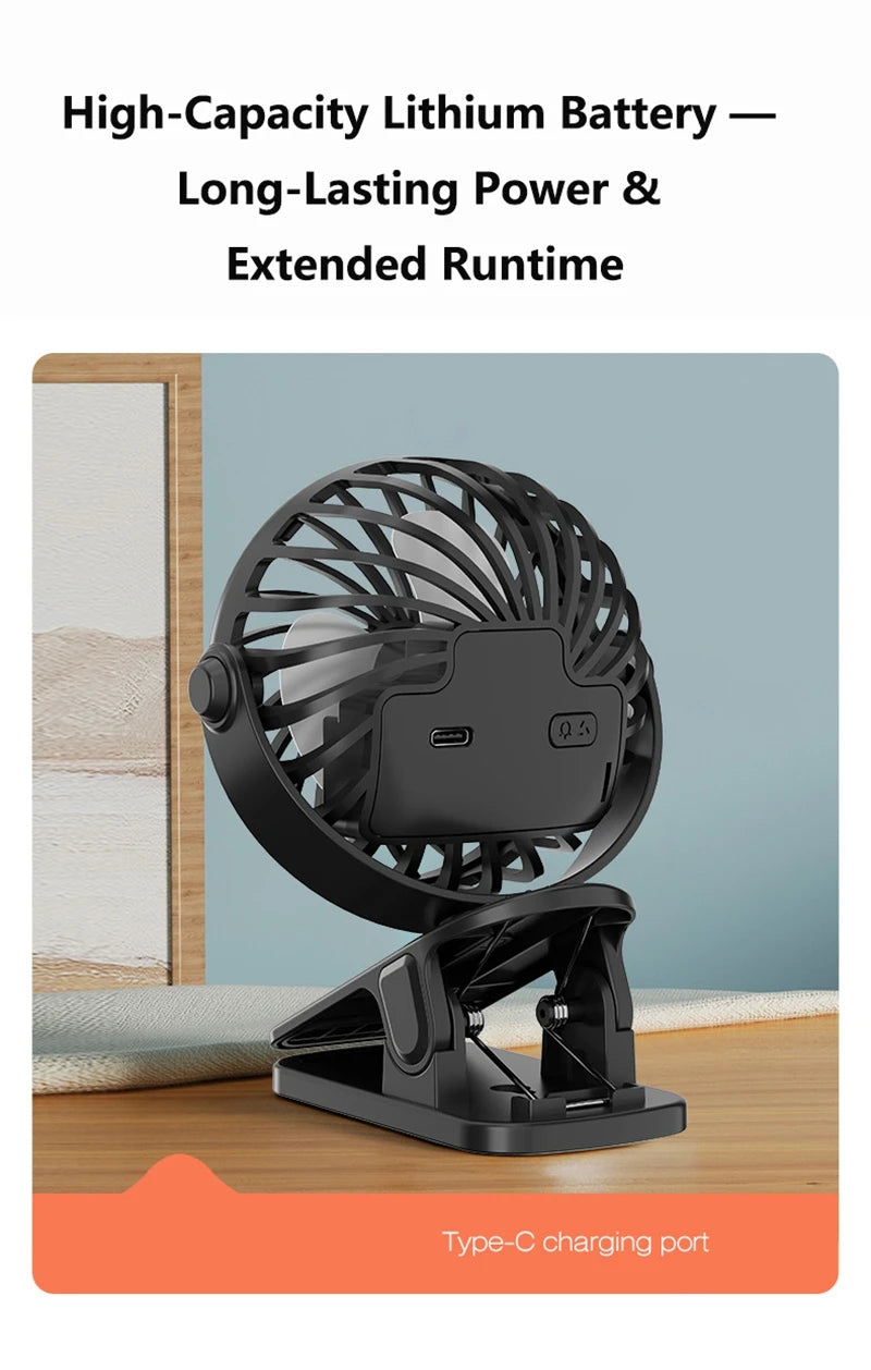 Mini Clip Fan 720°Rotation Built-in Night Lamp USB Rechargeable Powerful Airflow Portable Cooling Fan For Travel Camping Outdoor