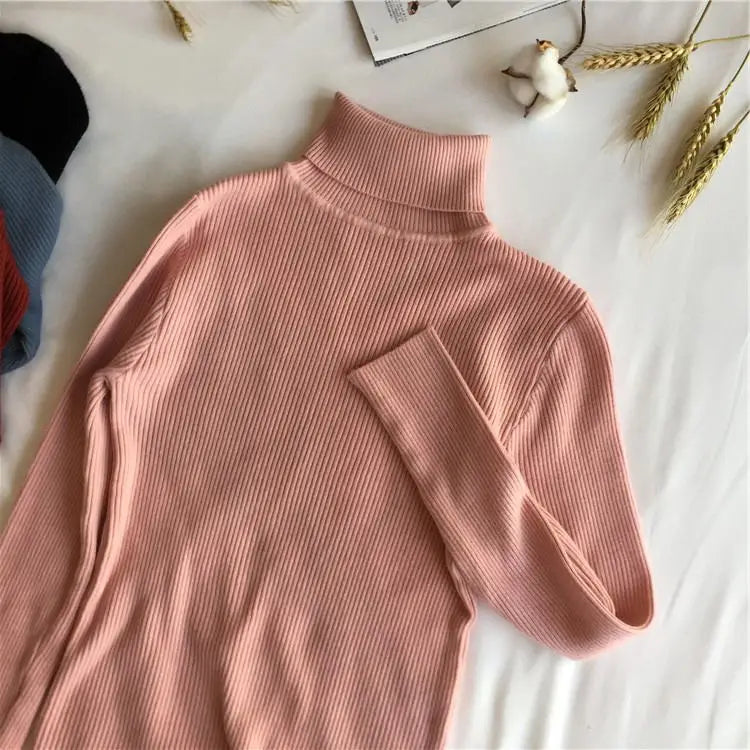 2026 Autumn Winter Sweater Women Knitted Ribbed Pullover Sweater Long Sleeve Turtleneck Slim Jumper Soft Warm Pull Femme