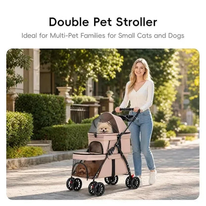 Dual‑Layer Pet Stroller Foldable Travel Dog Cat Cart Breathable Mesh Wagon with Cup Holder Storage Bag for Small Animals