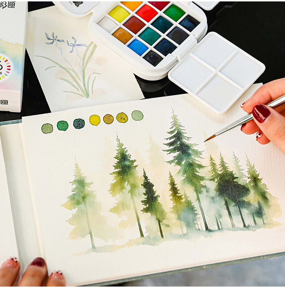 16 Colors Mini Portable Solid Watercolor Paint Set with Brush & Palette Travel Sketching Painting Box for Art Drawing Sketching