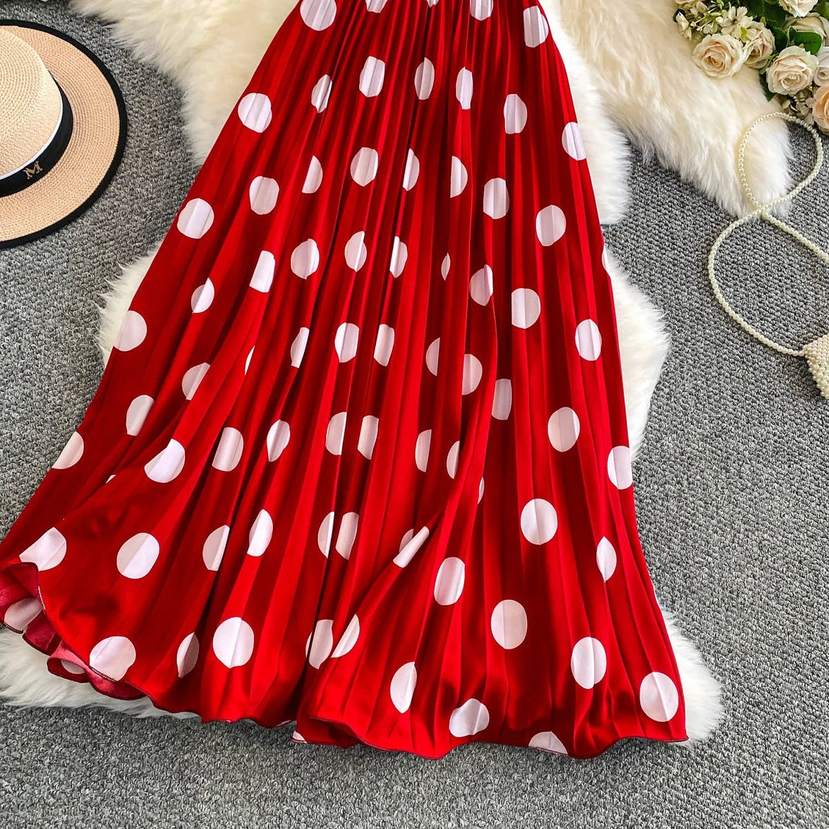 2026 Pleated Skirt Elastic Waist Polka Dot Fashion Printed Slim Pleated Skirt Women's Summer New Beach Vacation Mid-length Skirt