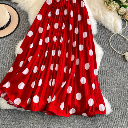 2026 Pleated Skirt Elastic Waist Polka Dot Fashion Printed Slim Pleated Skirt Women's Summer New Beach Vacation Mid-length Skirt