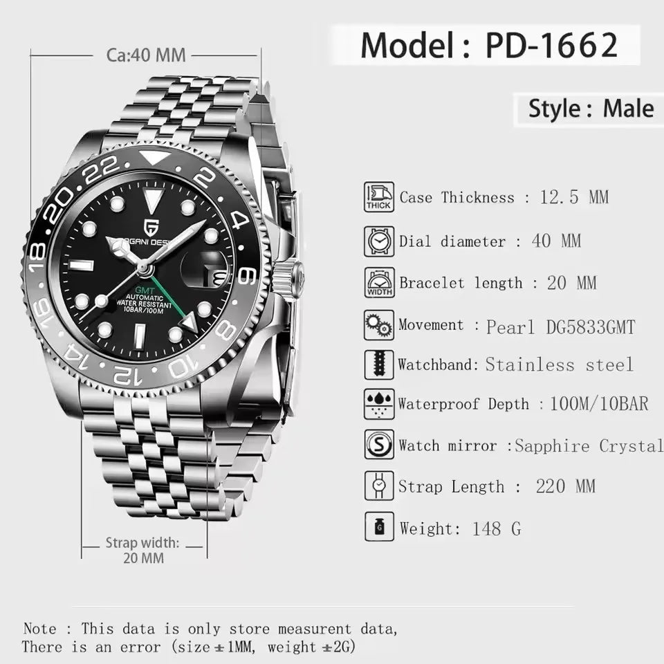 PAGANI DESIGN 40MM Black Gray Dual Tone Automatic Mechanical GMT WATCH Sapphire Glass Stainle Steel Sports luminous Watches men