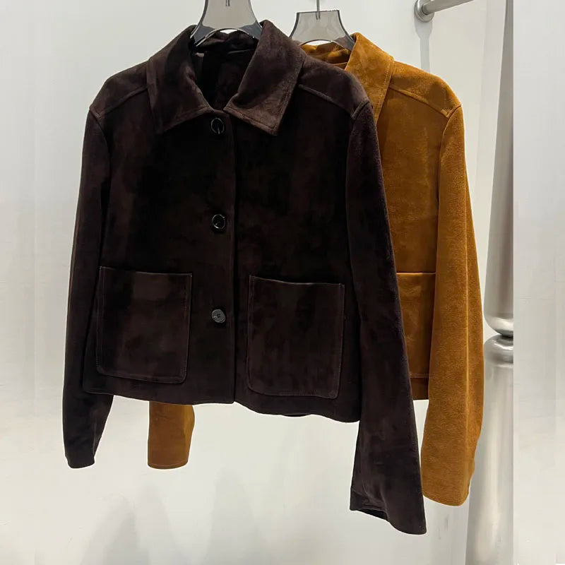 European Imported Kid Suede Leather Jacket for Woman High Grade Turn Down Collar Pocket Short Cropped Coat Long Sleeve Top Mujer