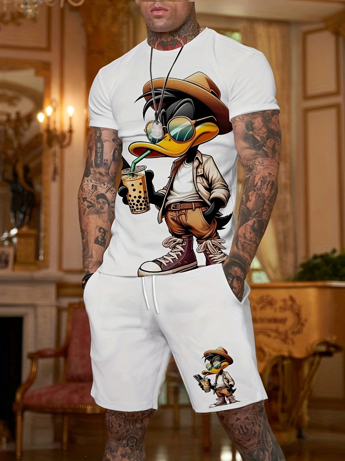 2026 Summer Casual Short-Sleeve Fashionable Breathable Sports Set Loose-Fit Quick-Dry Men's Short-Sleeve Hip-Hop Bear Print Set