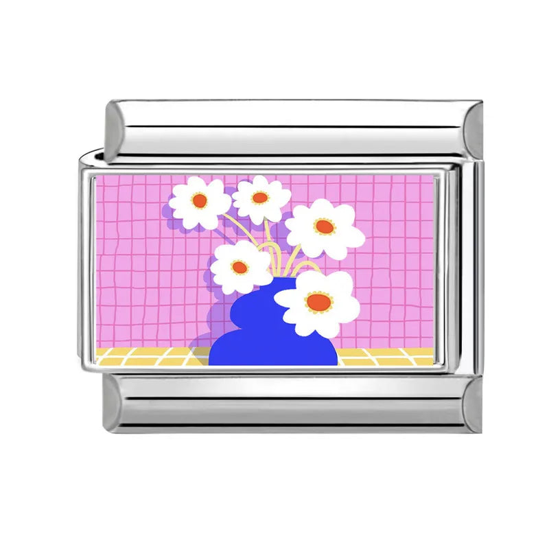2025 Women's Fashion Colorful Flowers Oil Painting Style Series Italian Charms Fit 9mm Stainless Steel Bracelet DIY Jewelry Gift