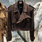 YOLOAgain Wide Shoulder Real Leather Jacket Women Oversized Genuine Leather Cropped Jacket