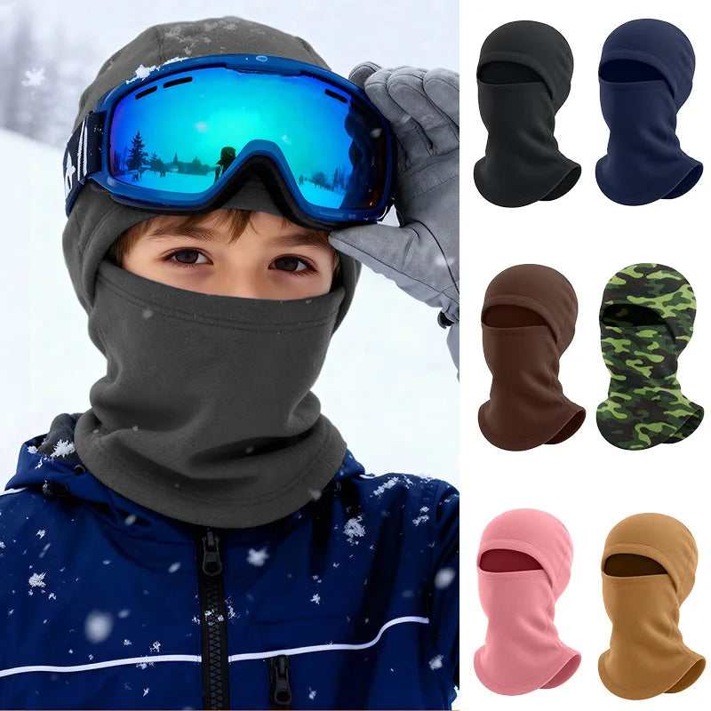Winter Kids Hat Full Face Warm Hood Windproof Cap Solid Color Fleece Hats Girls Boys Outdoor Ski Mask Neck Ear Protect Accessory