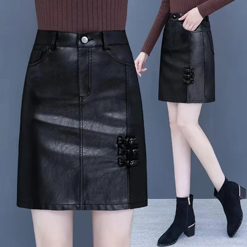 Spring Autumn Winter Leather Skirt Women New Fashion Black Brown High Waist PU A-Line Skirts Large Size S-5XL Female Midi Skirts