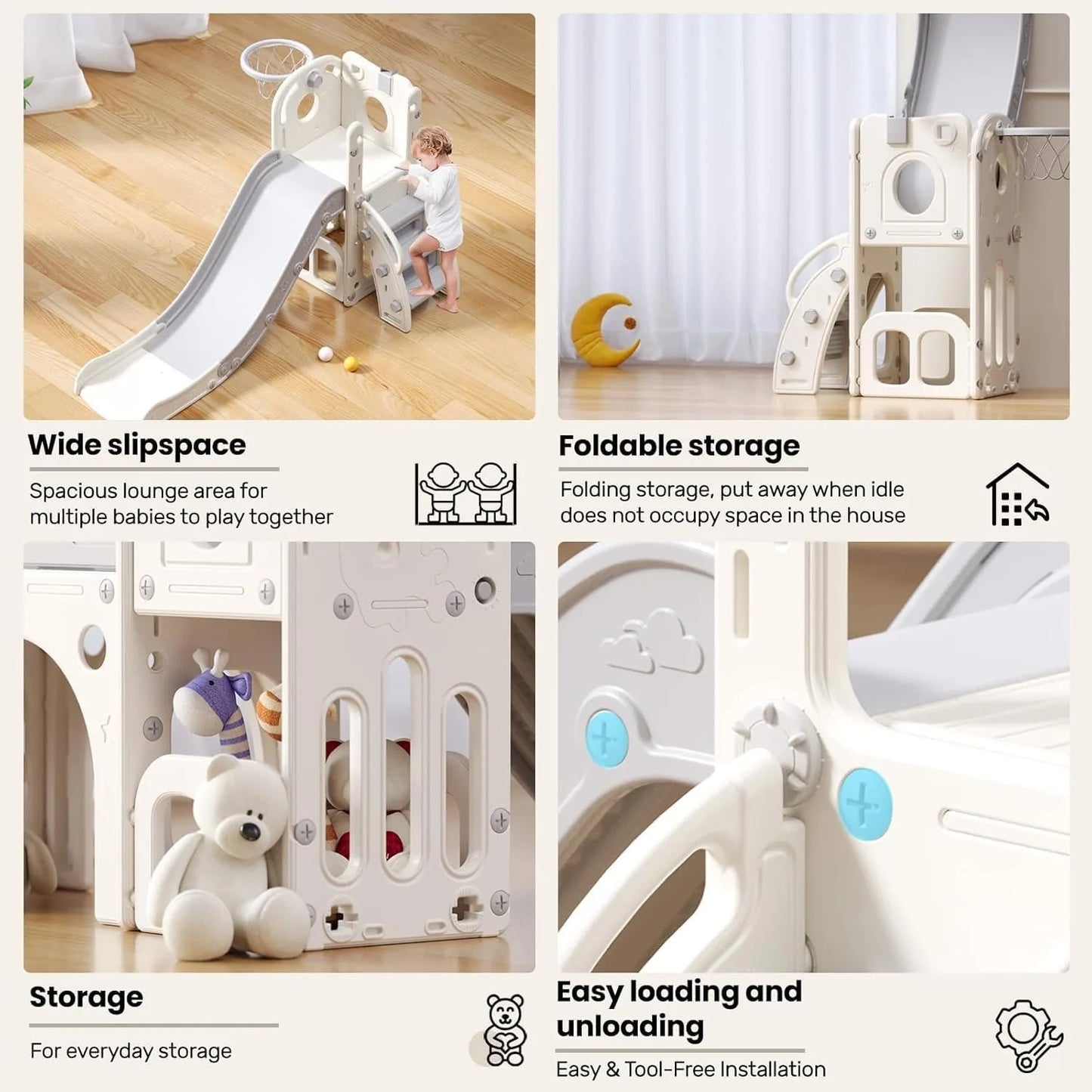 Children's slide, multifunctional Toddler Slide With Playpen, Storage Space and Non-slip Steps, Indoor & Outdoor Pla(Gray White)