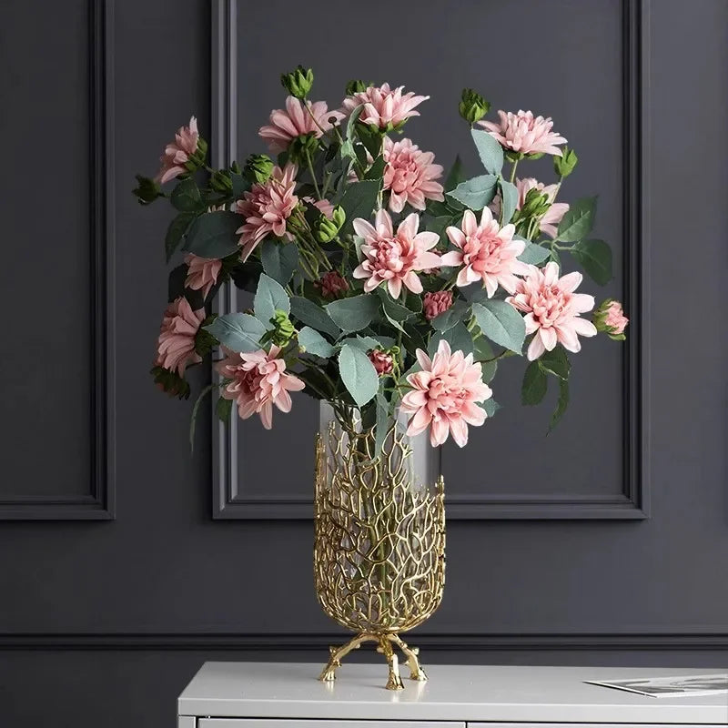 Gold Hollow Coral Vase Transparent Glass Vase Ornament Metal Rack Living Room Hydroponic Flower Arrangement Home Decoration