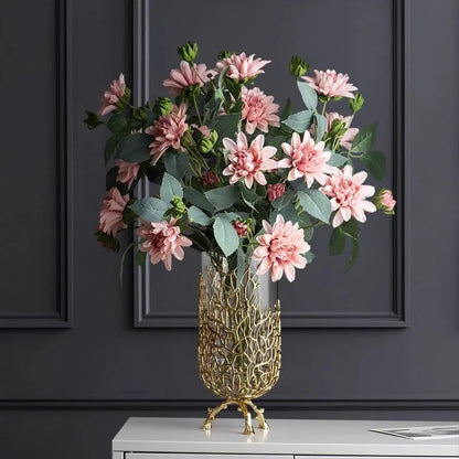 Gold Hollow Coral Vase Transparent Glass Vase Ornament Metal Rack Living Room Hydroponic Flower Arrangement Home Decoration