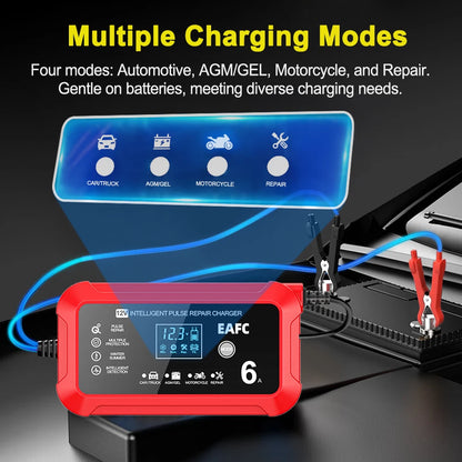 Car Battery Charger 6A 12V Car and Motorcycle Battery Charging Device Lead-acid Battery Smart Repair LCD Display