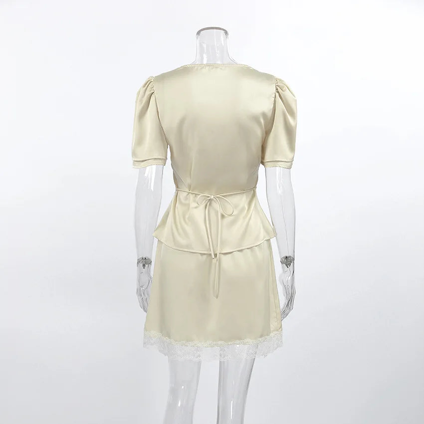 Elegant Satin Lace Patchwork Skirt Two-piece Set V Neck Short Sleeve Lace Up Tops Mini Skirts Suit 2026 New Party Daily Outfits