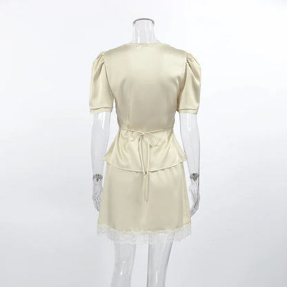 Elegant Satin Lace Patchwork Skirt Two-piece Set V Neck Short Sleeve Lace Up Tops Mini Skirts Suit 2026 New Party Daily Outfits