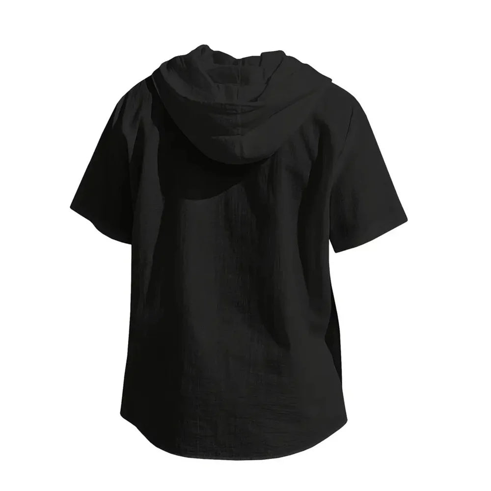 Summer Men's Hooded Cotton Linen Shirt Solid Color Breathable Lightweight Short Sleeve Drawstring Design Tees Male Casual Tops