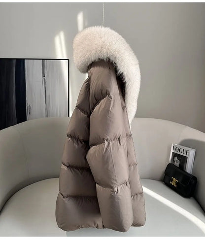 High end Faux Fox fur detachable Large Lapel fur Down Jacket For women 2025 Winter New Medium long Loose White goose Down Coats