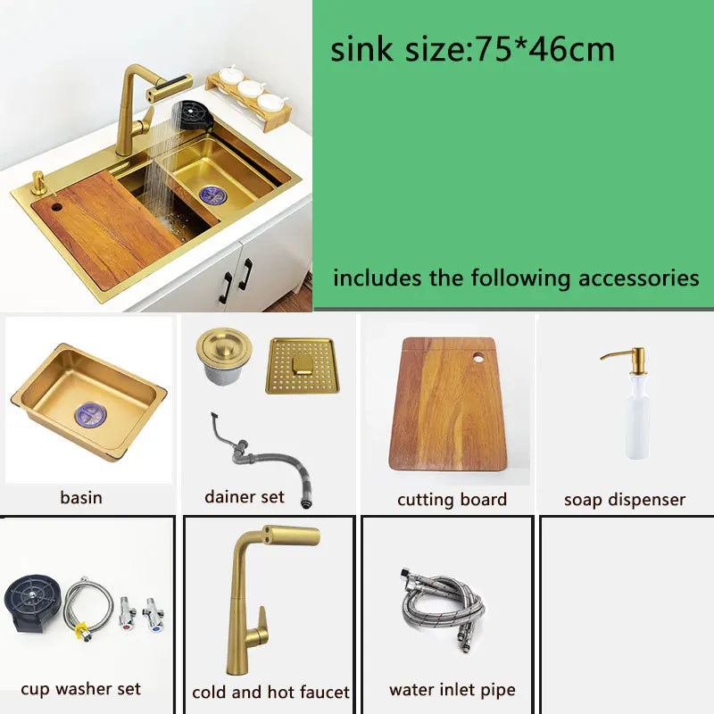 Gold Waterfall Faucet Kitchen Sink Nano Sink 304 Stainless Steel Golden Topmount Single Bowl Wash Basin 4 Function Kitchen Faucet