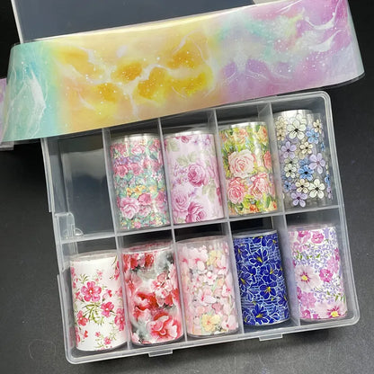 10 Patterns New Metal Nail Foils for Transfer Paper Stickers Floral Chameleon Nails Wraps DIY Water Marble Nail Art Decorations