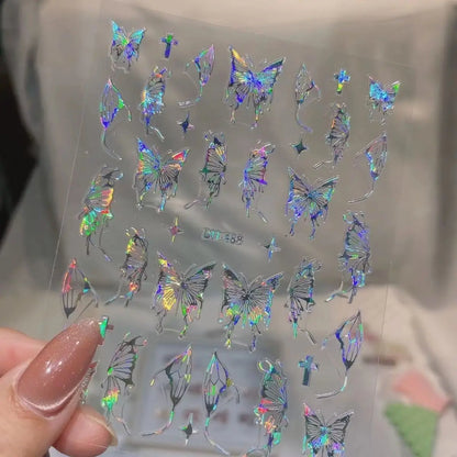 Pink Purple Aurora Shell Butterfly Nail Stickers Shiny Laser 3D Butterflies Nail Decals 8*10cm Adhesive Aurora Shell Butterfly N
