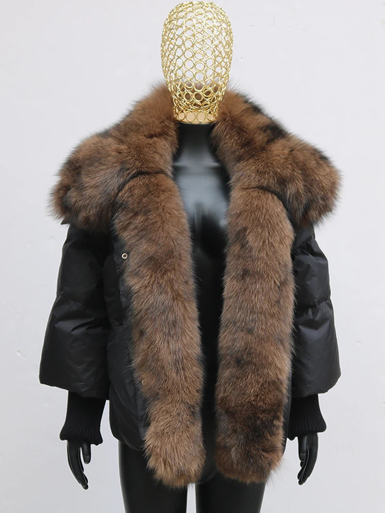 Oversized Winter Warm Real Fox Fur Collar Black Down Coat Women Puffer Outerwear Jackets 2024 Autumn Winter
