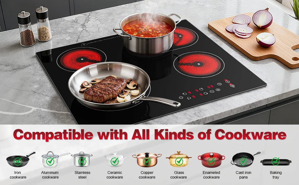 2-Zone Ceramic Hob, 3000W with Child Lock, 9 Heat Levels, 1-99min Timer, Black (CE Certified)