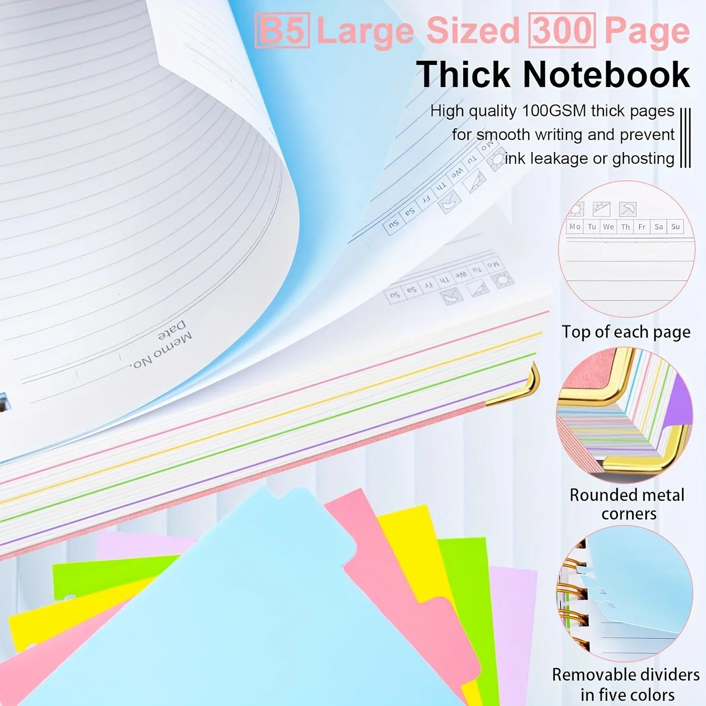 Extra Large Hardcover Spiral Notebook - with Removable Dividers & Tabs, 300 Pages Faux Leather Cover,For School,Office,Planner