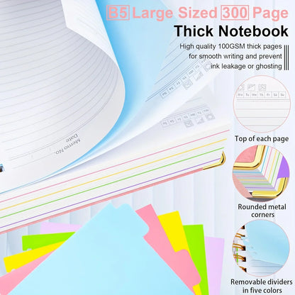 Extra Large Hardcover Spiral Notebook - with Removable Dividers & Tabs, 300 Pages Faux Leather Cover,For School,Office,Planner