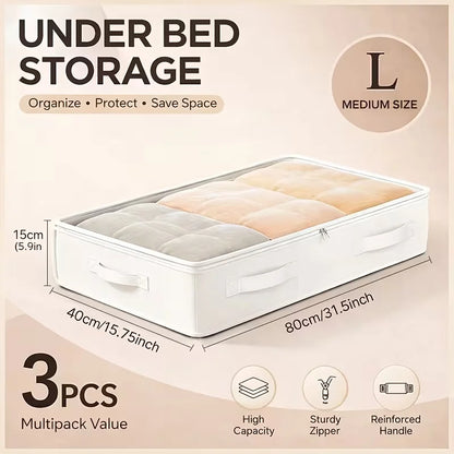 1/3 White Under-Bed Storage Box, Foldable Laundry Organizer with Durable Transparent Window, Under-Bed Style Storage Solution