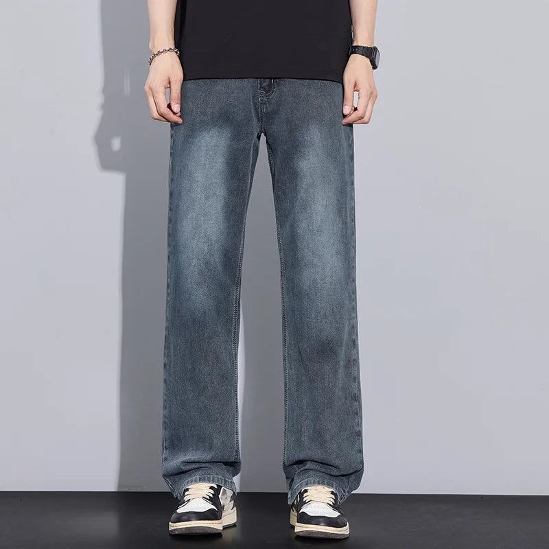 New Arrival American Vintage Wide Leg Elastic Denim Pants for Men Loose Straight Fit Flowy Versatile Casual Pants