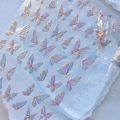 Shiny Jelly Butterfly Charming Golden Gradient Bowknot 5D Self Adhesive Nail Art Sticker Flower Petal Rhinestone Manicure Decals