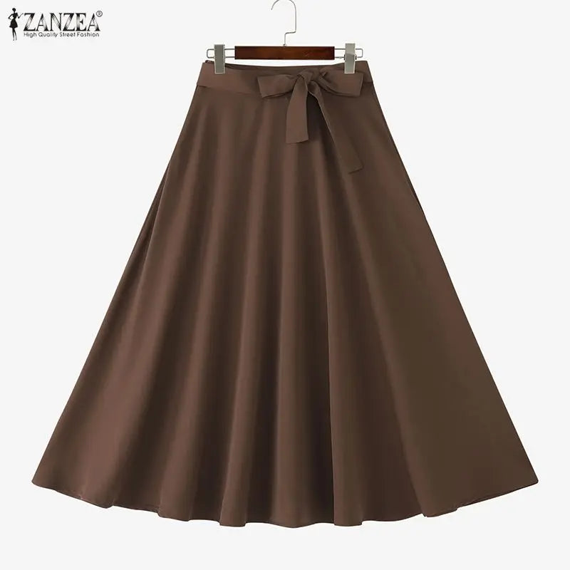 ZANZEA Elegant Maxi Skirts 2026 Women Elastic Waist Jupes Casual Faldas Saia Belted High Waist Fashion Solid Street Overskirts
