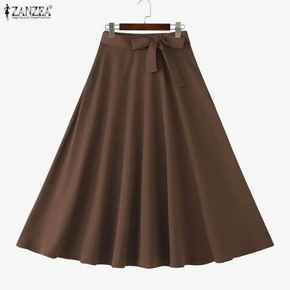 ZANZEA Elegant Maxi Skirts 2026 Women Elastic Waist Jupes Casual Faldas Saia Belted High Waist Fashion Solid Street Overskirts