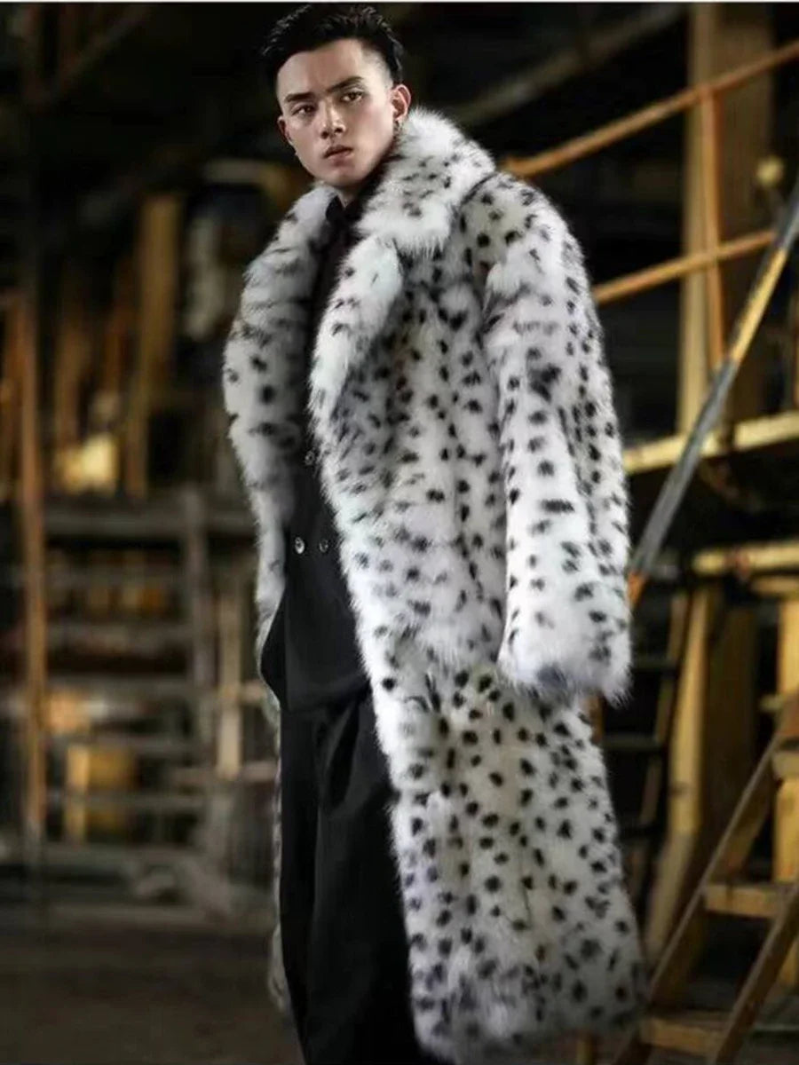 Leopard Men Winter Thick Hooded Faux Fox Fur Coat Jacket Long Sleeve Warm Luxury Fur Black Parkas Bontjas Furry Shaggy Outerwear
