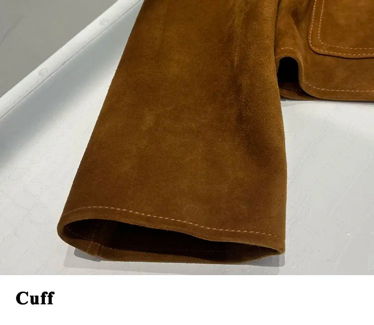 European Imported Kid Suede Leather Jacket for Woman High Grade Turn Down Collar Pocket Short Cropped Coat Long Sleeve Top Mujer