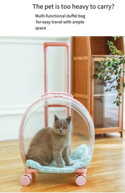 2026 Large Capacity Pet Suitcase for Two Cats Dogs Breathable Clear Wheel Portable Carry-on Luggage Pet Travel Bag