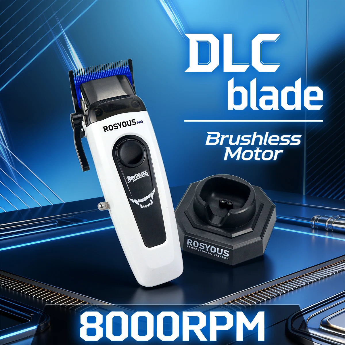 ROSYOUS Professional Hair Clipper DLC Blade 8000RPM Brushless Motor with Base Charger LED Display Hair Cutting Machine for Men