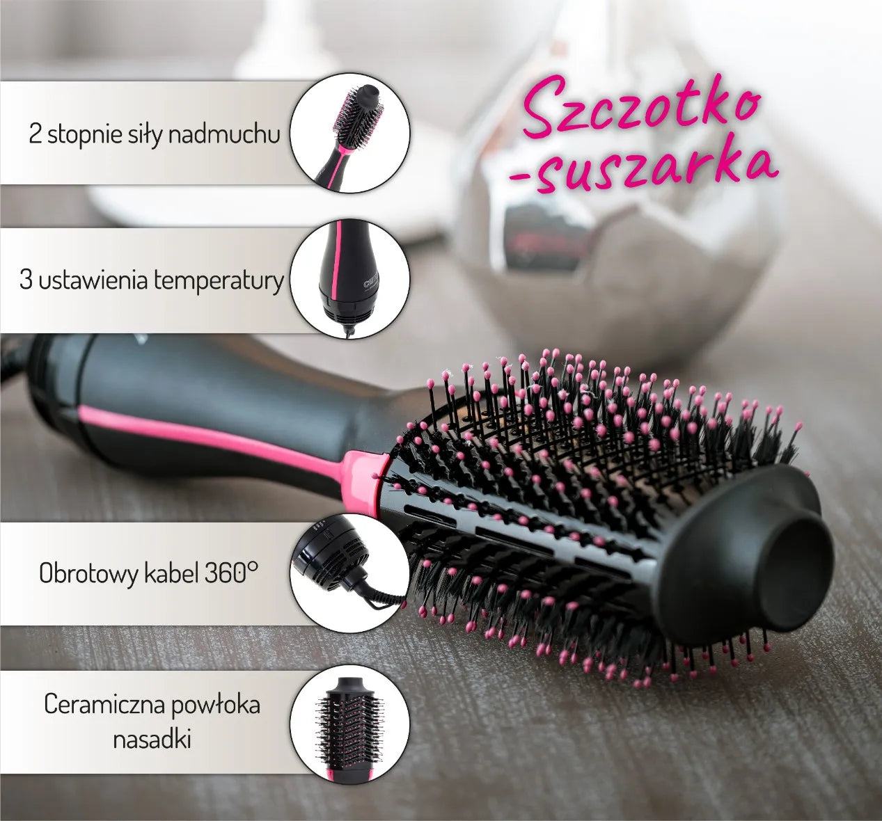 Brush Hair Dryer 1800W, 3 temperature settings, ceramic coating, swivel wire