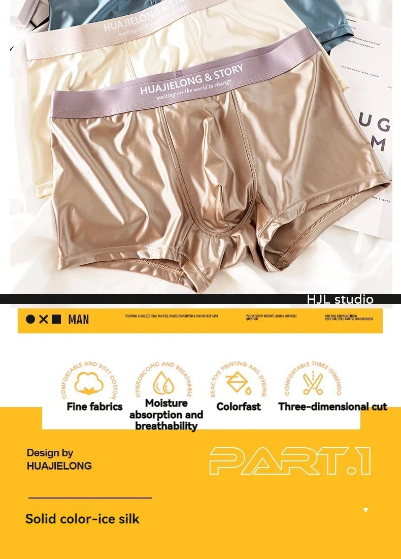1/3Pcs Breathable Thin Satin Silk Boxer Briefs Seamless Mid Waist Ice Silk Boxers Underpants Smooth Underwear for Men Daily